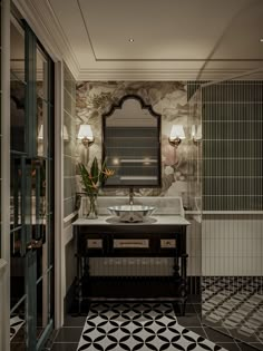 a bathroom with black and white tile flooring, a sink and mirror on the wall