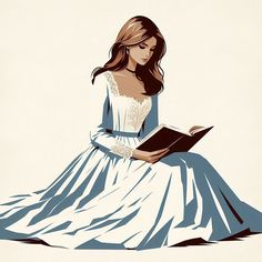 a woman in a white dress reading a book