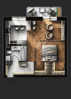 an overhead view of a kitchen and living room in a small apartment with wood flooring