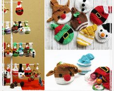 crocheted christmas stockings and hats are hanging on the wall next to other items