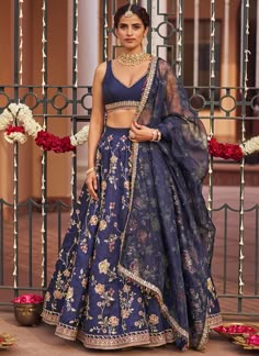 Navy Blue Embroidered Lehenga Chic Prom Dresses, Lehenga Pattern, Reception Outfit, Lengha Choli, Blue Lehenga, Silk Bottoms, Embroidered Lehenga