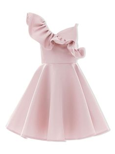 blush pink one-shoulder ruffled detailing pleated skirt flared hem Light Pink Party, Pink Dresses For Kids, 11 Birthday, Pink Dress Short, Pink Party Dresses, Dress With Jean Jacket, Light Pink Dress, Kids Party Dresses, Dolce And Gabbana Kids