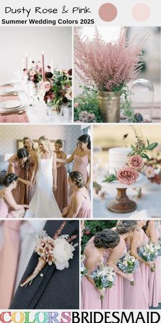 a collage of photos with flowers and bridesmaids