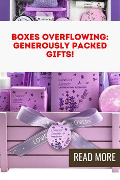 a box filled with lots of different types of items and the words, boxes overflowing generously packed gifts read more