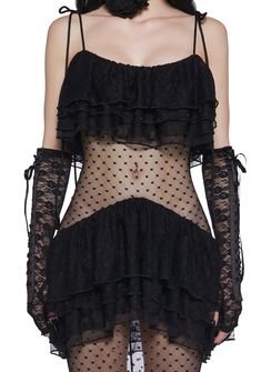 This maxi dress has a sheer mesh and floral lace construction, a swiss dot design, tiered ruffles, self-tie shoulder straps, and a back zipper closure. Jamaica Outfit, Mesh Black Dress, Jamaica Outfits, Coquette Clothes, Rodeo Outfit, Sheer Lace Dress, Black Mesh Dress, Rodeo Outfits, Lace Tights