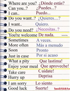 an open notebook with spanish words written in different languages on the pages, which are lined up