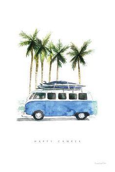 a watercolor painting of a van with surfboards on top and palm trees in the background