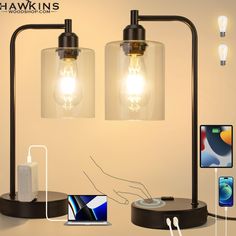 two light fixtures are connected to various devices