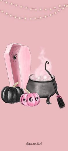 a pink background with an illustration of halloween items on the ground and lights above it