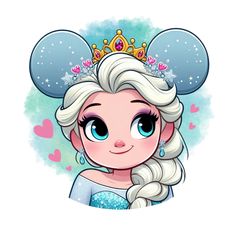 a cartoon character wearing a tiara with hearts around her neck and ears, in front of