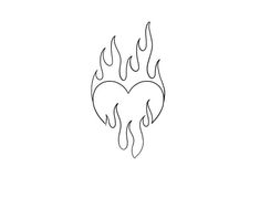 a black and white drawing of a heart with flames