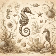 seahorses and other marine life are depicted in this drawing