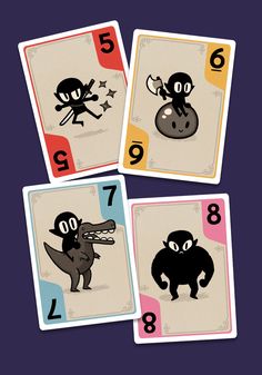 four cards with different cartoon characters and numbers on them, all showing the same character