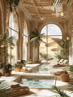 an indoor swimming pool surrounded by palm trees and potted plants in front of large windows