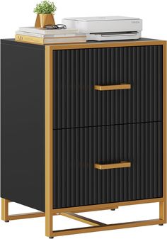 a black and gold cabinet with two drawers on one side and a printer on the other