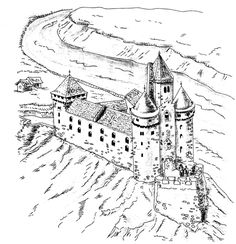 an ink drawing of a castle on top of a hill