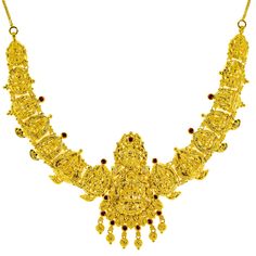 Delight in the timeless elegance of this 22k yellow gold Laxmi necklace by Virani Jewelers. Showcasing the opulence of Indian temple jewelry, this meticulously crafted 22k gold necklace combines traditional design with a cultural beauty. Perfect for adding a touch of luxury to any bridal or festive look, this gold temple necklace set is an essential piece of Indian gold jewelry for those who value exquisite craftsmanship and the radiant beauty of 22k gold. Features • 22k yellow gold • Ruby • Eng Gold Temple Necklace, Cultural Beauty, Temple Necklace, Indian Gold Jewelry, 22k Gold Necklace, Radiant Beauty, Temple Jewelry, Indian Temple, Detailed Necklace