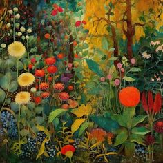 a painting of flowers and trees in the woods