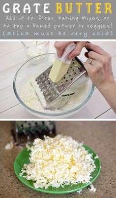 the recipe for grate butter is shown in three different pictures, including one being grated