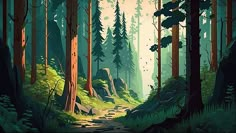 a painting of a forest with lots of trees and rocks on either side of the path