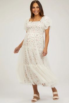 Cream Floral Lined Smocked Tulle Maternity Midi Dress– PinkBlush Baby Olivia, Floral Maternity Dresses, Maternity Midi Dress, Baby Shower Dresses, Tiered Skirt, Maternity Dresses, Maternity Clothes, Ruffle Trim, Puff Sleeves