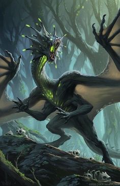 a green and black dragon is in the middle of a forest with its mouth open