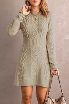 Beige Ribbed Waistband Knit Cable Pattern Sweater Dress Knit Cable Pattern, Casual Chic Minimalist, Cable Knitting Patterns, Sweater Dress Casual, Style Casual Chic, Mini Sweater, Cable Pattern, Picture Style, Minimalist Dresses