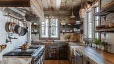 a rustic kitchen with wooden walls and flooring, pots and pans hanging from the ceiling