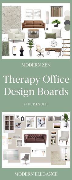 the therapy office design boards by modern elegance, featuring furniture and decor in shades of green