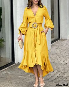 Color: yellow, Size: XL Boho Dresses Long, Causal Dresses, Flowing Dresses, Vestidos Vintage, Loose Outfit, Solid Color Shirt, Elegant Chic, Lantern Sleeve, Pocket Dress