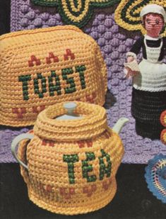 there is a crochet pattern for a tea pot and other items on the table