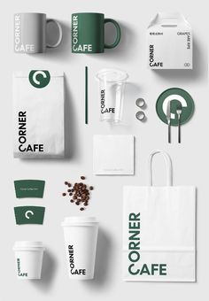 the coffee shop branding is laid out on top of each other, including cups and paper bags