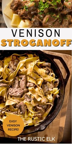 an image of a plate of food with meat and noodles in it on a wooden table