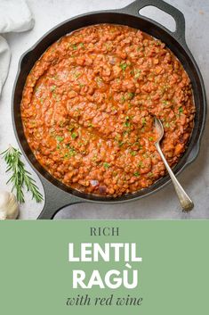 a skillet filled with lentil ragu and garnished with parsley