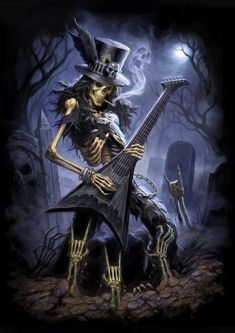 a skeleton playing an electric guitar in the dark