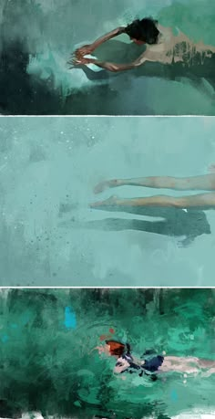 three different images of people swimming in the water with their backs turned to one another