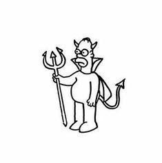 a black and white drawing of a devil holding a pitchfork