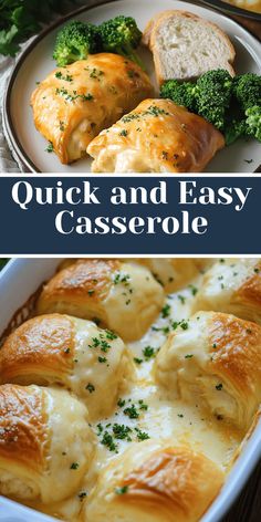 a casserole dish with cheese and broccoli in it, on a white plate