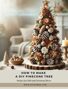 a pine cone christmas tree sitting on top of a table