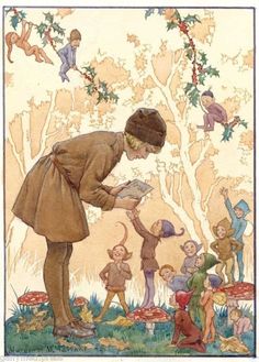 an illustration of a woman reading to children under a tree with leaves and mushrooms on the ground