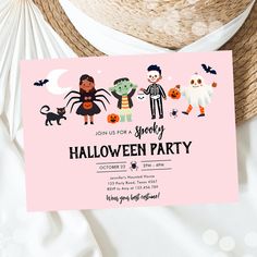 a pink halloween party card with cartoon characters on it