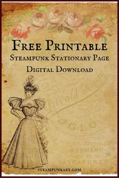 the steampunk stationery page is shown with an image of a woman in a dress