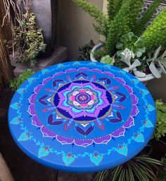 a blue and purple table sitting next to some plants