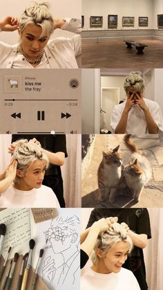 a collage of photos with cats and people in the process of making their own hairstyles