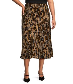 From Dex Clothing Plus&#x2C; this skirt features:Elastic waistAllover animal printPull-on construction35" center-front lengthPolyester satinMachine wash/tumble dryImported. Satin Midi Skirt, Plus Size Skirts, Dillard's, Midi Skirt, Satin, Plus Size, Elastic, Skirt, Clothes For Women