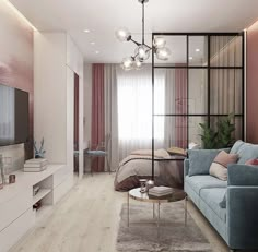 a living room filled with furniture and a flat screen tv on top of a wooden floor