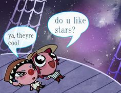 two cartoon characters are talking to each other in front of a purple sky with stars