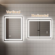 a bathroom with two mirrors and lights on the wall next to each other in front of a tiled wall