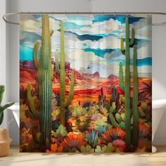 a desert scene with cactus trees and clouds in the sky shower curtain set on a bathtub