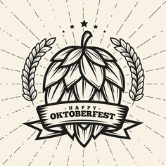 happy oktoberfest badge with hops and ribbon on the white background illustration